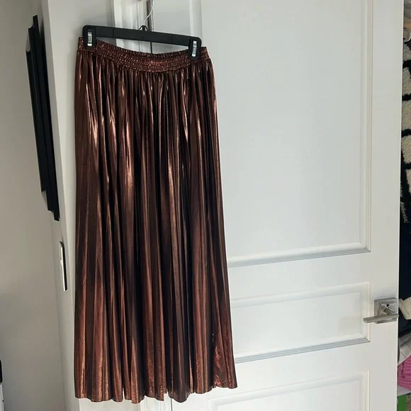 Bronze Metallic Pleated Maxi Skirt - Picture 1 of 6